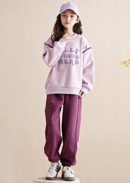 Casual Purple Ruffled Patchwork Kids Warm Fleece Sweatshirt And Beam Pants Two Piece Set Spring TR010 ABC