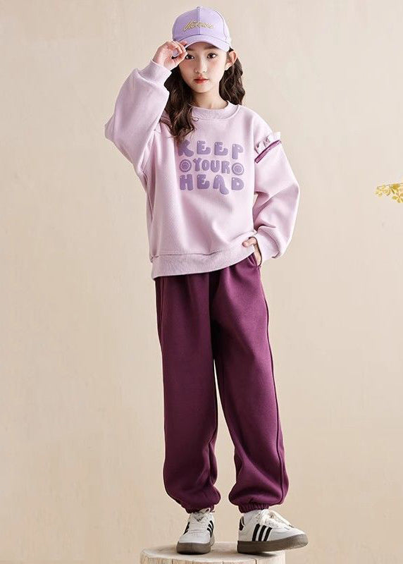 Casual Purple Ruffled Patchwork Kids Warm Fleece Sweatshirt And Beam Pants Two Piece Set Spring TR010 ABC