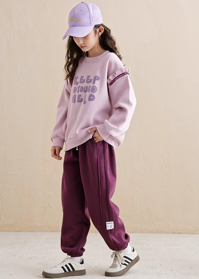 Casual Purple Ruffled Patchwork Kids Warm Fleece Sweatshirt And Beam Pants Two Piece Set Spring TR010 ABC