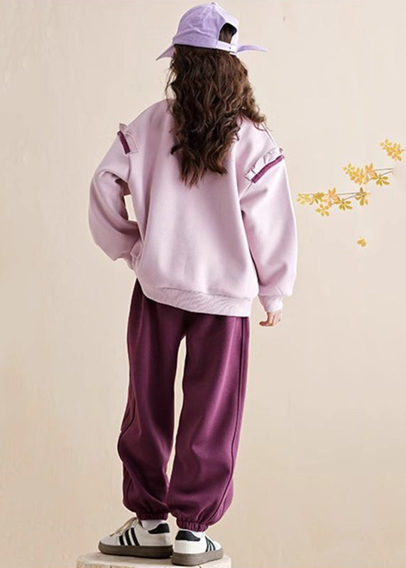 Casual Purple Ruffled Patchwork Kids Warm Fleece Sweatshirt And Beam Pants Two Piece Set Spring TR010 ABC