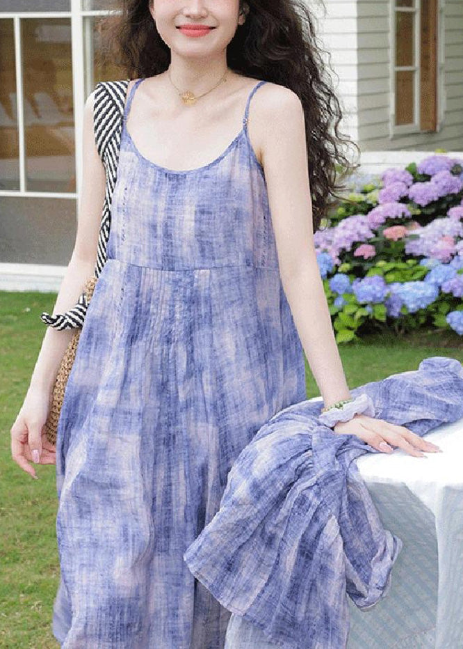 Casual Two Tie Strap Spaghetti Dress And Dye Cardigans Purple FashionChic