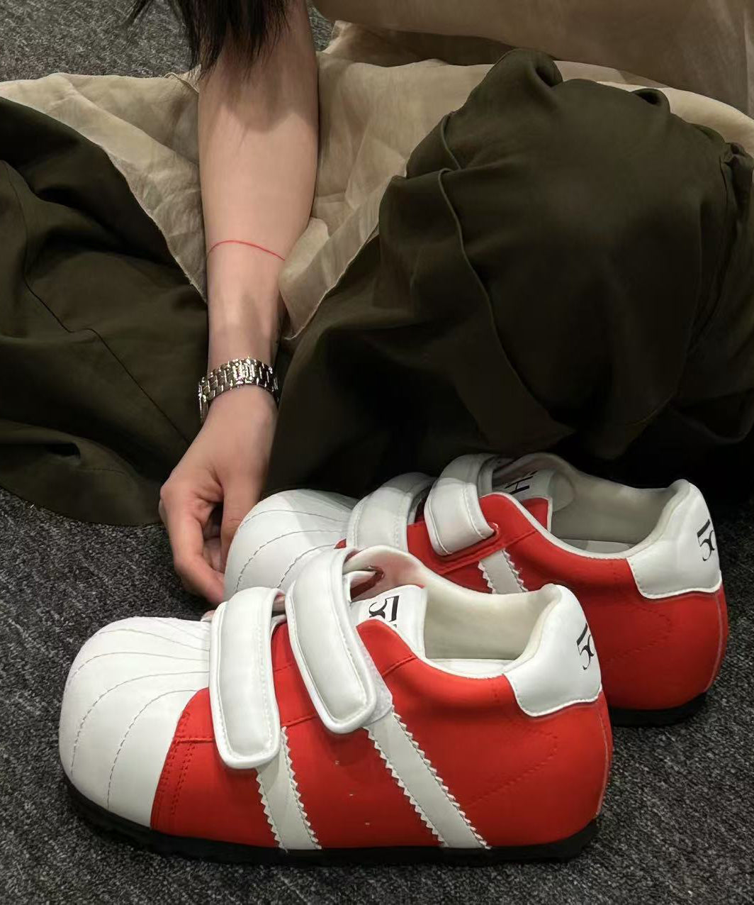 Shoes Cowhide Casual Leather Flat Splicing Buckle Strap Red FashionChic