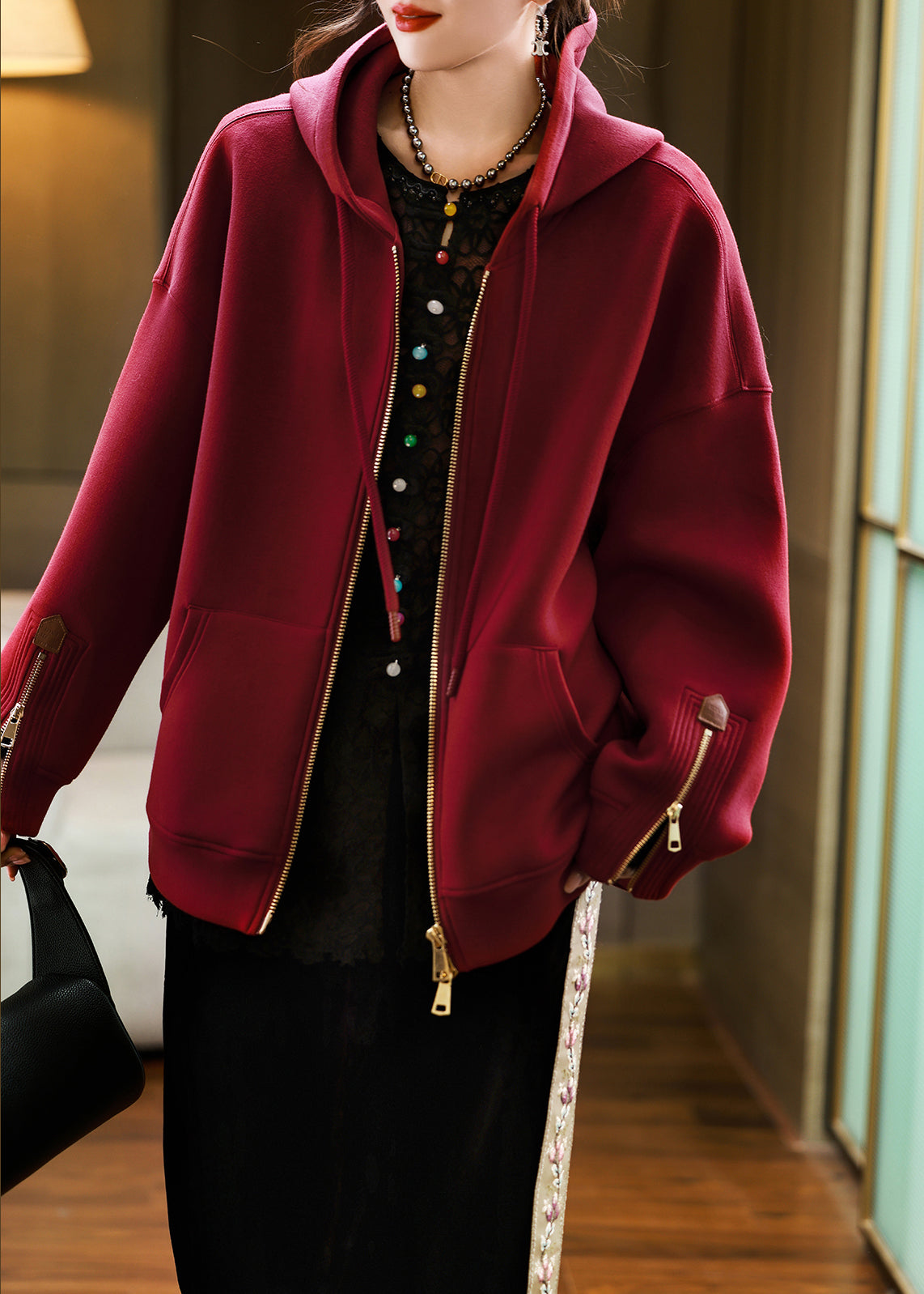 Casual Red Hooded Pockets Zippered Cotton Coats Fall QL058 OM-OL241021