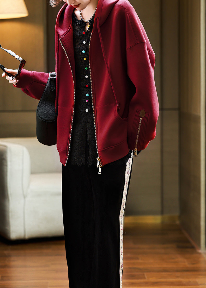 Casual Red Hooded Pockets Zippered Cotton Coats Fall QL058 OM-OL241021