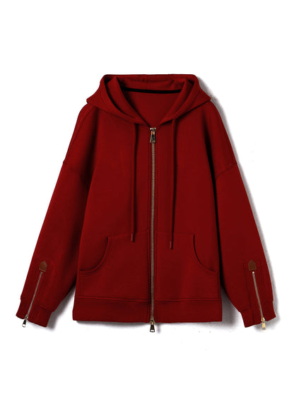 Casual Red Hooded Pockets Zippered Cotton Coats Fall QL058 OM-OL241021