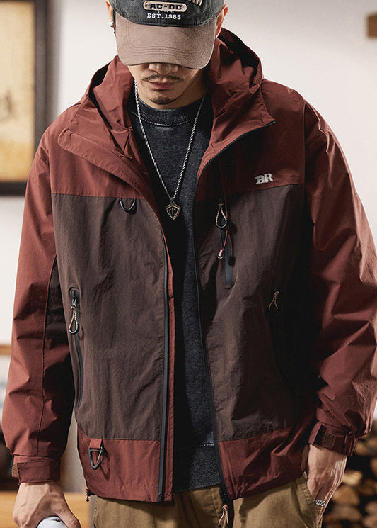 Zippered Spring Red Cotton Patchwork Coat Hooded Men Casual FashionChic