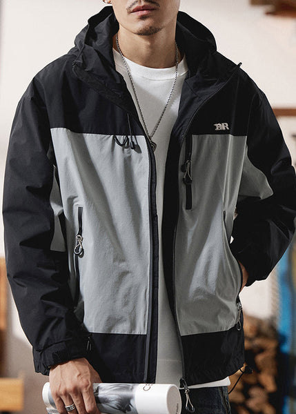 Zippered Spring Red Cotton Patchwork Coat Hooded Men Casual FashionChic