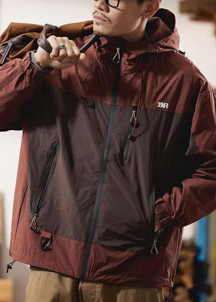 Zippered Spring Red Cotton Patchwork Coat Hooded Men Casual FashionChic