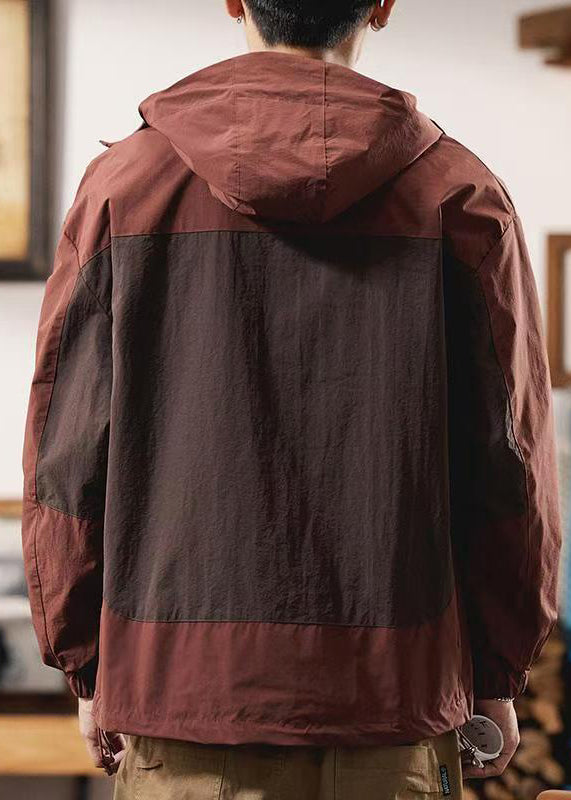 Zippered Spring Red Cotton Patchwork Coat Hooded Men Casual FashionChic