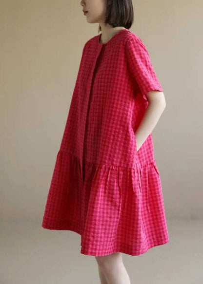 Red Dresses Mid Summer Plaid Cotton O Casual Neck FashionChic