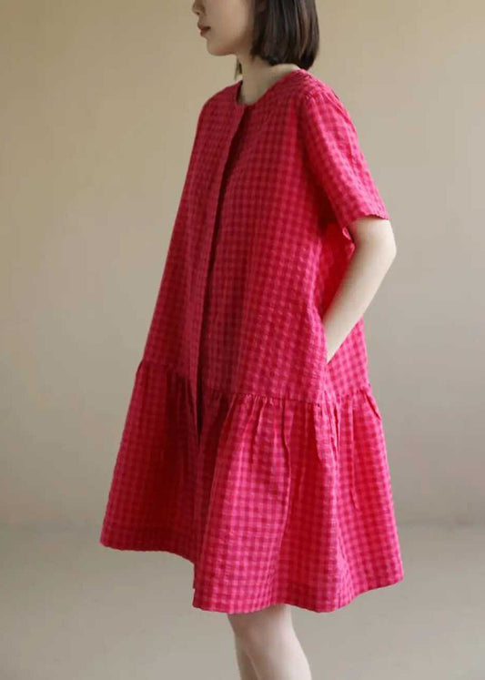 Red Dresses Mid Summer Plaid Cotton O Casual Neck FashionChic