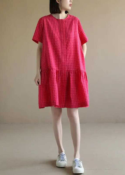 Red Dresses Mid Summer Plaid Cotton O Casual Neck FashionChic