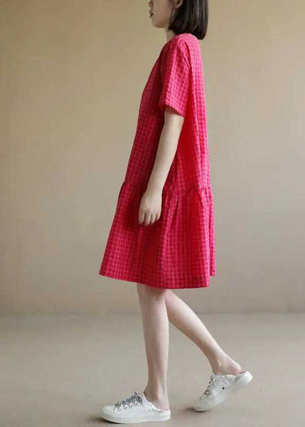 Red Dresses Mid Summer Plaid Cotton O Casual Neck FashionChic