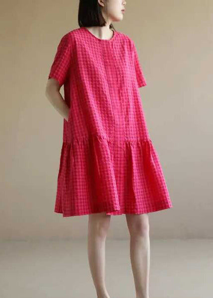 Red Dresses Mid Summer Plaid Cotton O Casual Neck FashionChic