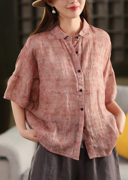 Casual Linen Peter Blouses Pan Summer Collar Red Patchwork FashionChic