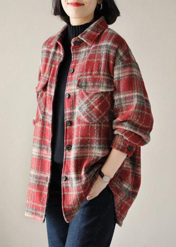 Casual Red Peter Pan Collar Plaid Cotton Shirt Tops Spring TH047