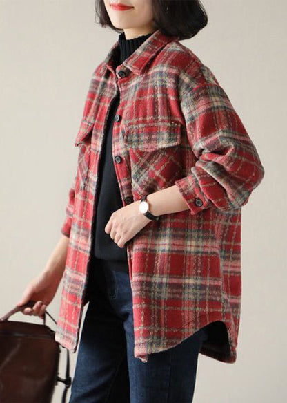 Casual Red Peter Pan Collar Plaid Cotton Shirt Tops Spring TH047