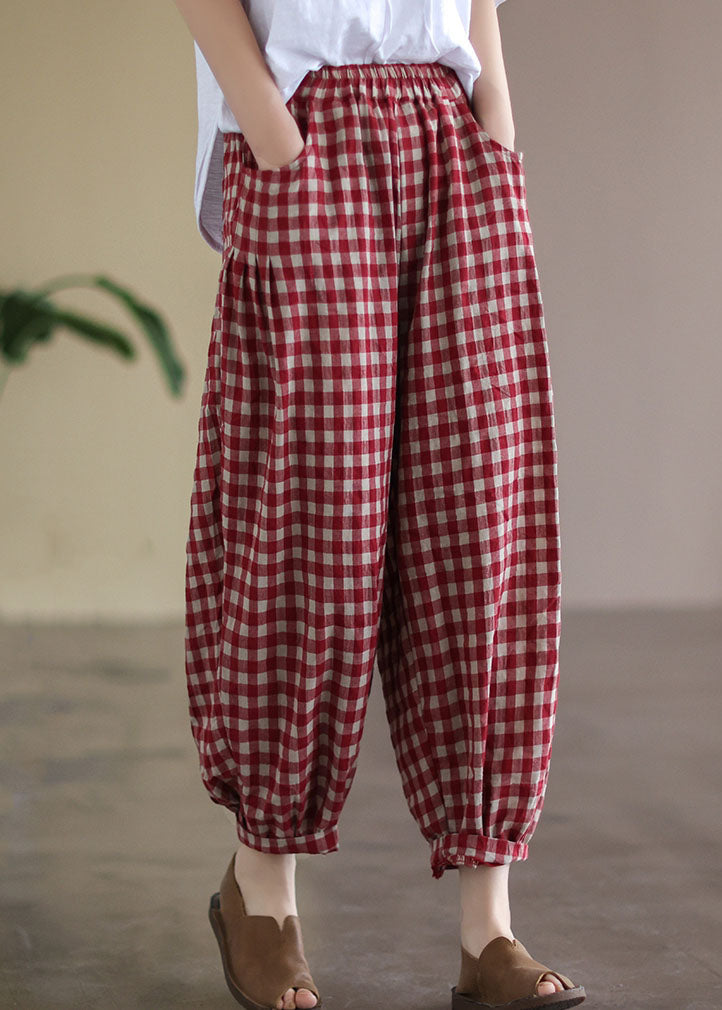 Casual Red Plaid Pockets Elastic Waist Linen Crop Pants Summer FF010 MZF-CPTS240607