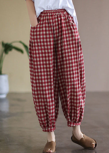 Casual Red Plaid Pockets Elastic Waist Linen Crop Pants Summer FF010 MZF-CPTS240607
