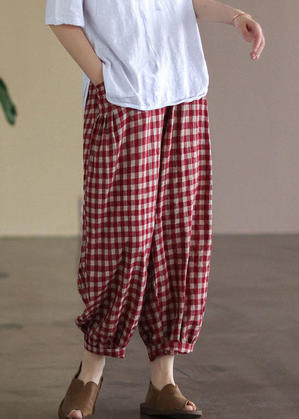 Casual Red Plaid Pockets Elastic Waist Linen Crop Pants Summer FF010 MZF-CPTS240607
