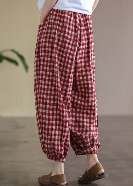 Casual Red Plaid Pockets Elastic Waist Linen Crop Pants Summer FF010 MZF-CPTS240607