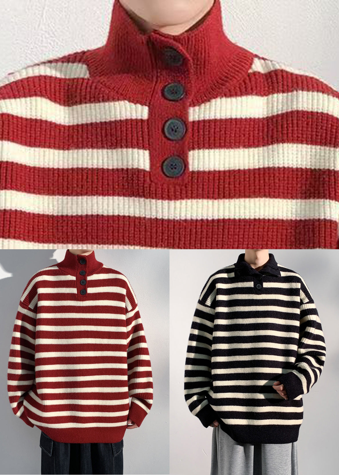 Casual Red Striped Button Knit Mens Sweaters Winter RJ044 ABC