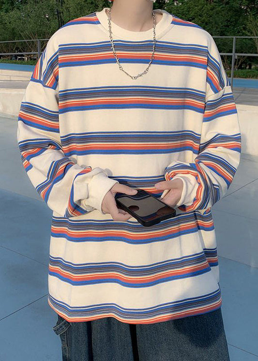 Shirt Casual Striped Men T O-Neck Spring Red Cotton FashionChic