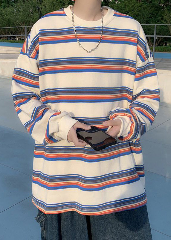 Shirt Casual Striped Men T O-Neck Spring Red Cotton FashionChic