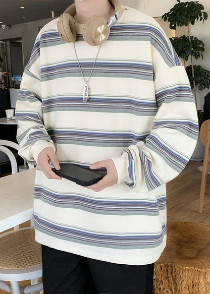 Shirt Casual Striped Men T O-Neck Spring Red Cotton FashionChic