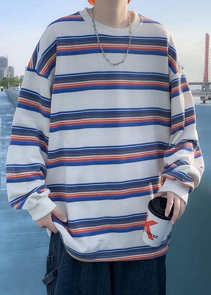 Shirt Casual Striped Men T O-Neck Spring Red Cotton FashionChic