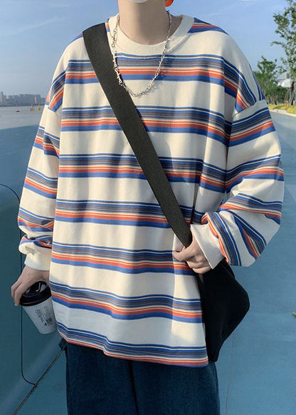 Shirt Casual Striped Men T O-Neck Spring Red Cotton FashionChic