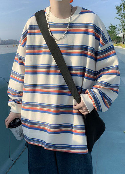 Shirt Casual Striped Men T O-Neck Spring Red Cotton FashionChic