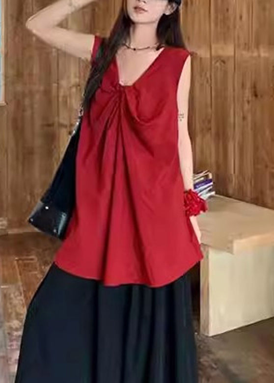 Red Wrinkled Neck Casual Sleeveless V Top FashionChic