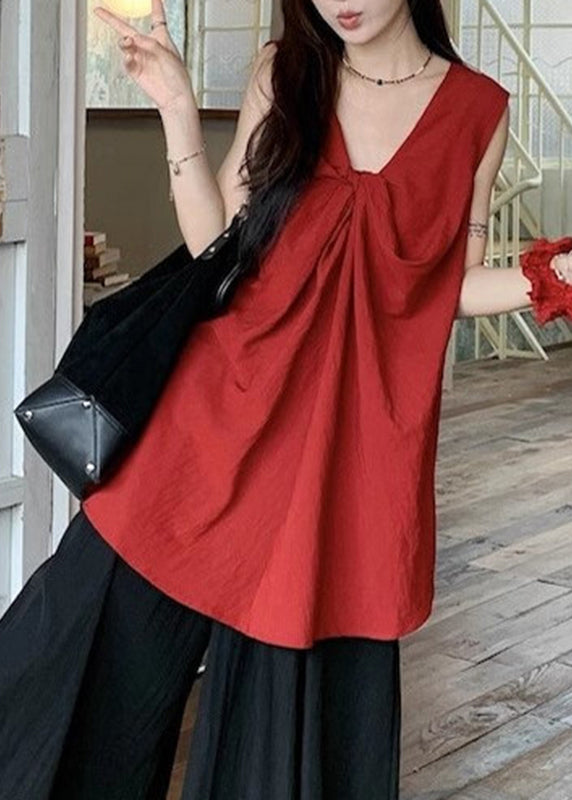 Red Wrinkled Neck Casual Sleeveless V Top FashionChic