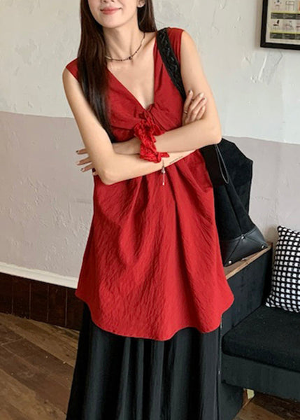Red Wrinkled Neck Casual Sleeveless V Top FashionChic