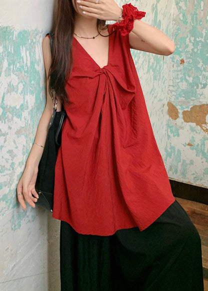 Red Wrinkled Neck Casual Sleeveless V Top FashionChic