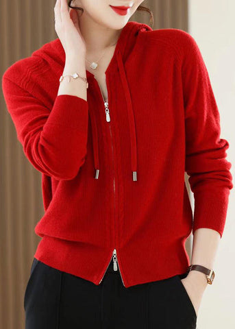 Casual Red Zip Up Wool Knit Hooded Cardigans Spring YY027 ABC