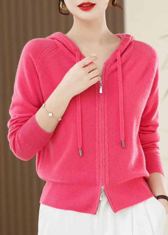 Casual Red Zip Up Wool Knit Hooded Cardigans Spring YY027 ABC