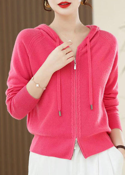 Casual Red Zip Up Wool Knit Hooded Cardigans Spring YY027 ABC
