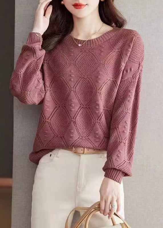 Casual Rose O-Neck Hollow Out Cotton Knitted Sweaters Fall WR046 OL-NTP241103