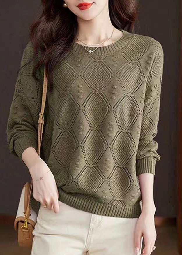 Casual Rose O-Neck Hollow Out Cotton Knitted Sweaters Fall WR046 OL-NTP241103