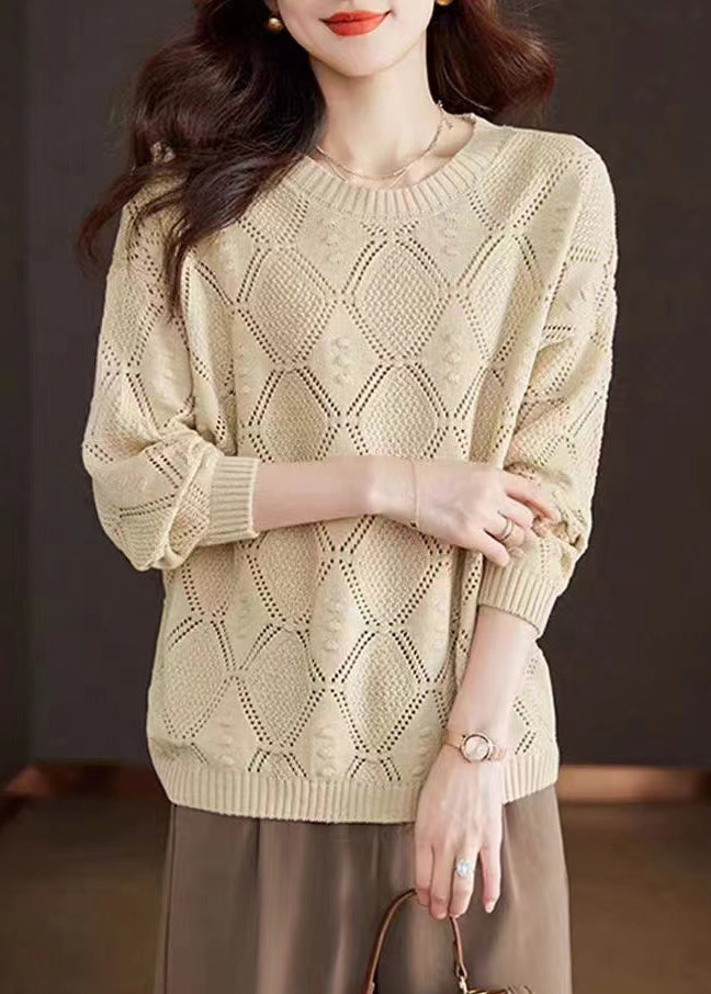 Casual Rose O-Neck Hollow Out Cotton Knitted Sweaters Fall WR046 OL-NTP241103