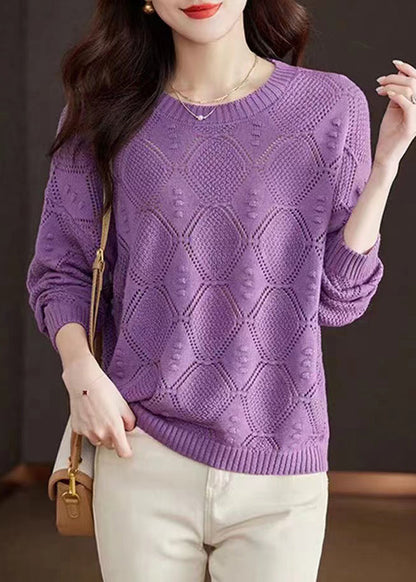 Casual Rose O-Neck Hollow Out Cotton Knitted Sweaters Fall WR046 OL-NTP241103
