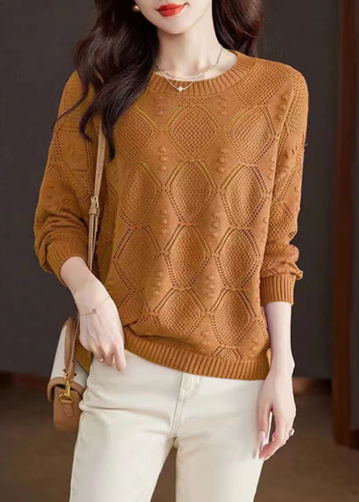 Casual Rose O-Neck Hollow Out Cotton Knitted Sweaters Fall WR046 OL-NTP241103