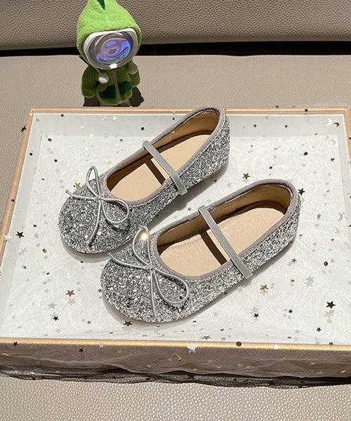 Casual Silvery Up Girls Flat Shoes Lace Bow FashionChic