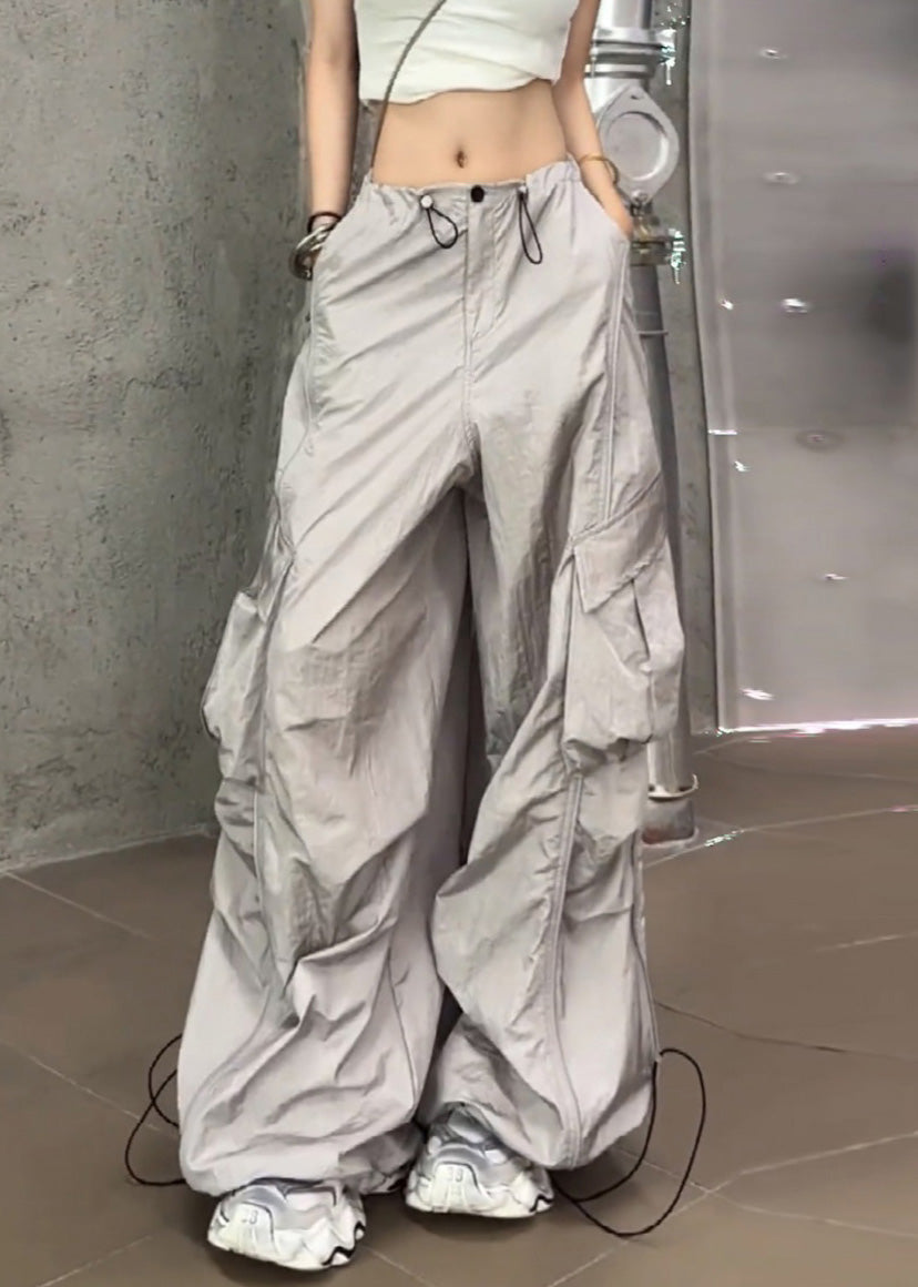Casual Silvery Summer Drawstring Pants Pockets FashionChic