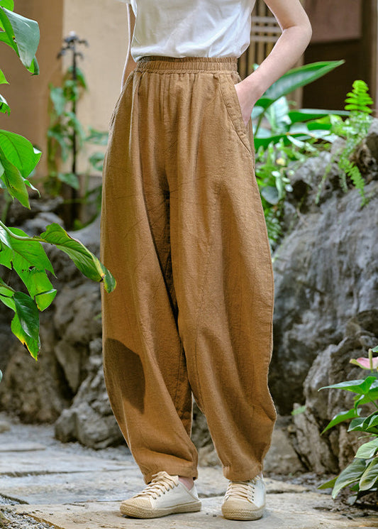 Casual Simple Yellow Pockets Elastic Waist Linen Pants Summer QK009 BB-LPTS241022