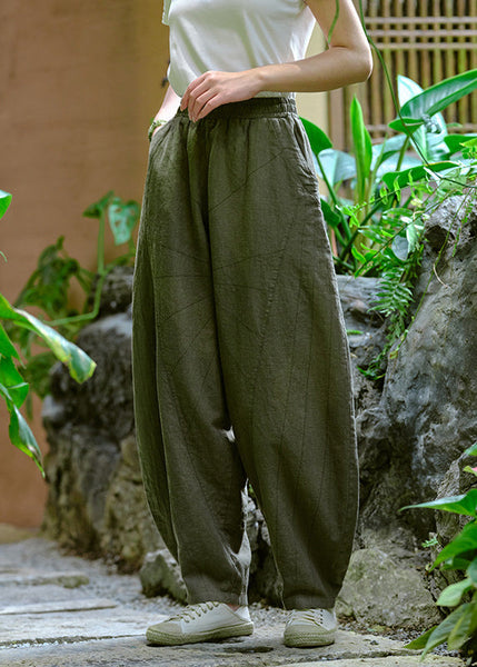 Casual Simple Yellow Pockets Elastic Waist Linen Pants Summer QK009 BB-LPTS241022