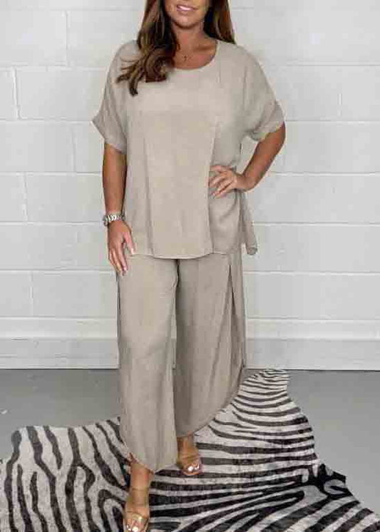 Oversized Two Color Side Open Casual Pieces Set Linen Solid FashionChic