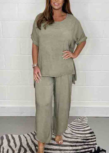 Oversized Two Color Side Open Casual Pieces Set Linen Solid FashionChic